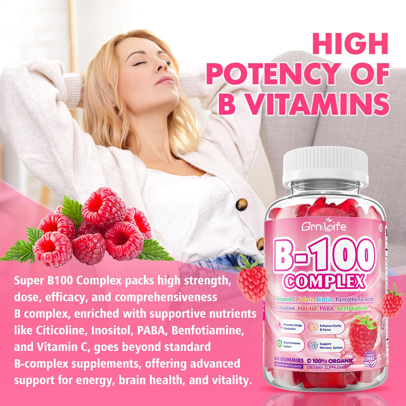 Vitamin B Complex Gummies, All B Vitamins + Methyl B12, B1, B2, B3, B5, B6, Biotin, Methylfolate, Vitamin C, Choline, Inositol, PABA for Energy & Immune Support, Raspberry Flavor, 60 Count 60 Count (Pack of 1)