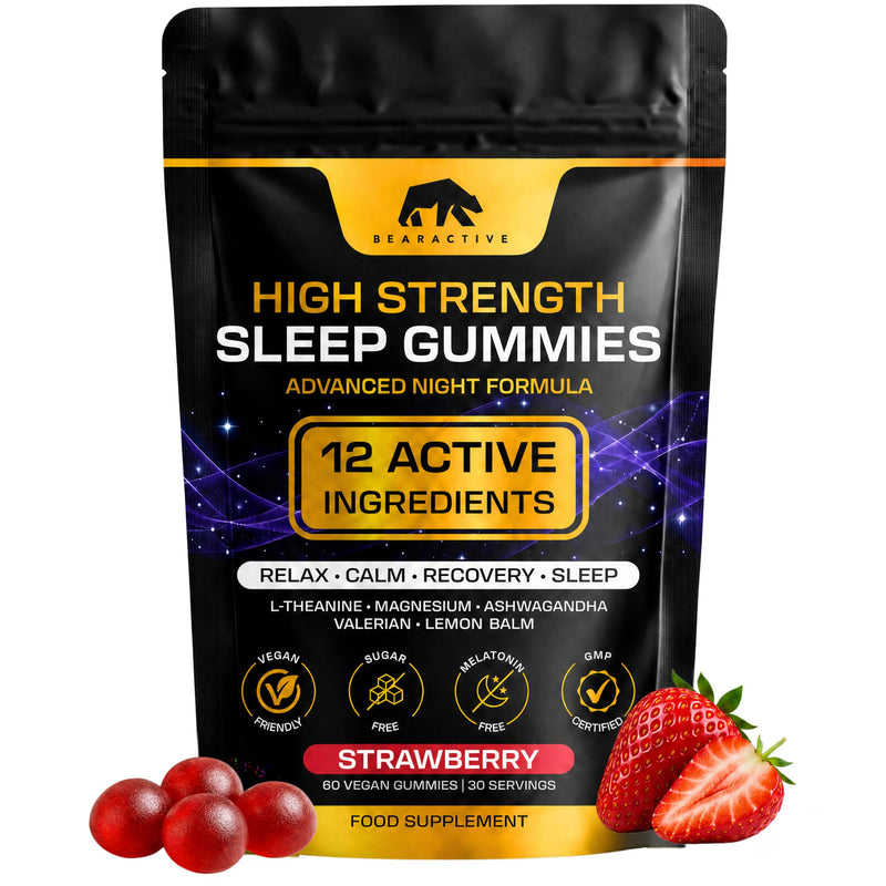 Sleep Gummies for Adults – Magnesium Glycinate Gummy with L Theanine, Ashwagandha – 12 Active Ingredients – Vegan Sugar Free Strawberry Flavour – 30 Day Supply