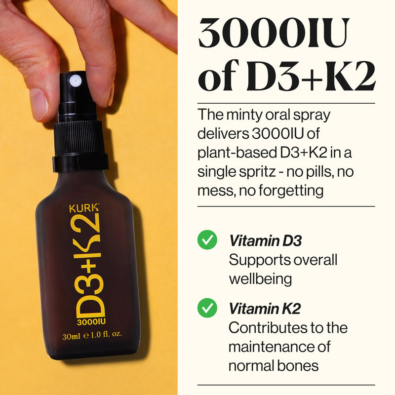 KURK Vegan Vitamin D3 K2 Spray for Everyday Wellness and Normal Muscle Function, Delivers Vitamin K2 MK-7 and 3000IU D3, Plant Based with Natural Ingredients, Refreshing Mint Taste (30ml)