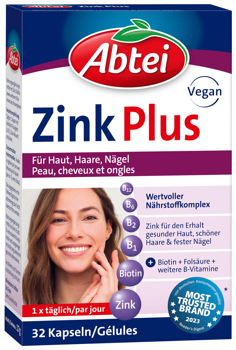 [Australia] - Abtei Zink Plus - special nutrient combination for healthy skin, strong hair and strong nails - with biotin and folic acid - 1 x 32 capsules 17 g (pack of 1) 