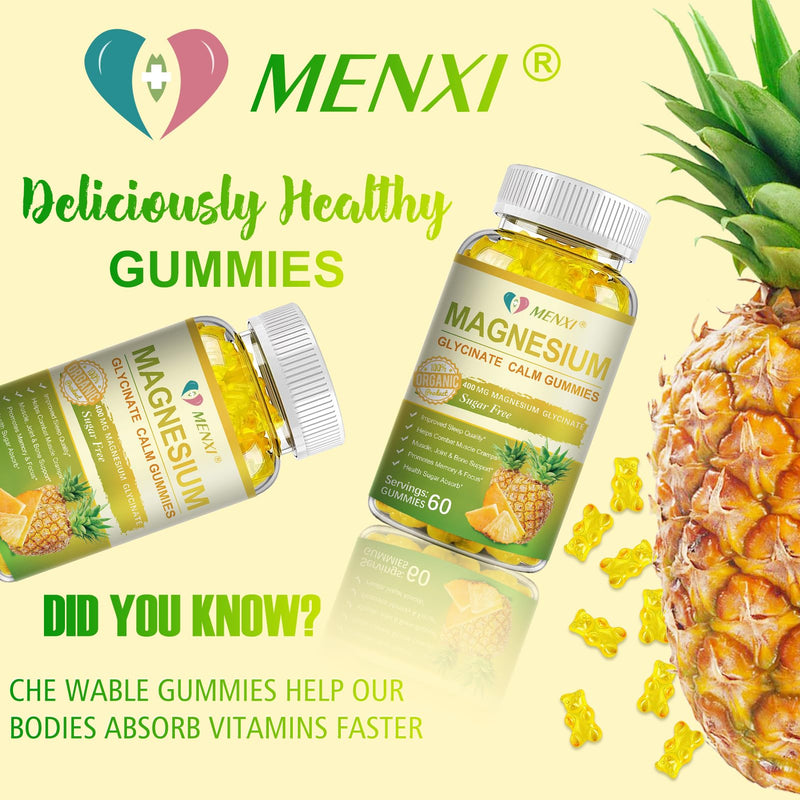 Magnesium Glycinate Gummies 400mg, Sugar Free Magnesium Taurate, Malate Supplement with Vitamin D, B6, CoQ10 for Relaxation, Stress Relief, Muscle, Bone & Sleep Support- 60 Pineapple Gummies 60 Count (Pack of 1)