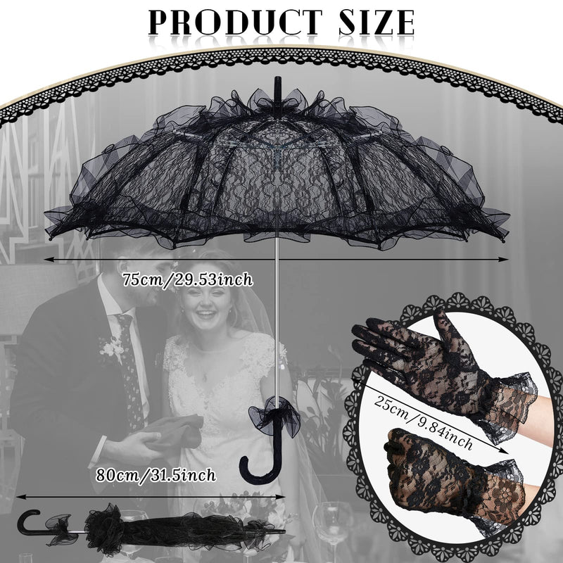 Lace Parasol Umbrella and Lace Gloves Set Wedding Bridal Umbrella for Decoration Tea Party Costume 31.5 Inch Adult Size Black