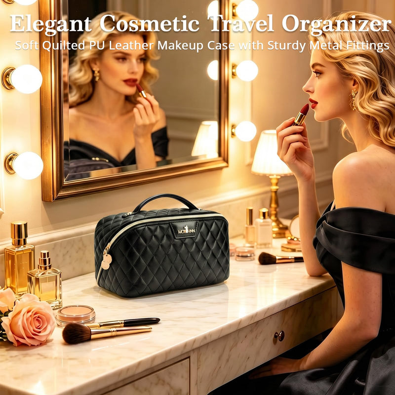 Travel Makeup Bags Cosmetic Organizer: 3Pcs Set Puffy Make up Bag for Women | Black Premium Quilted ELEGANCE Design | Large Capacity Leather Toiletry Bags | Wide Open Compact Case for Travel Essentials 01 Black