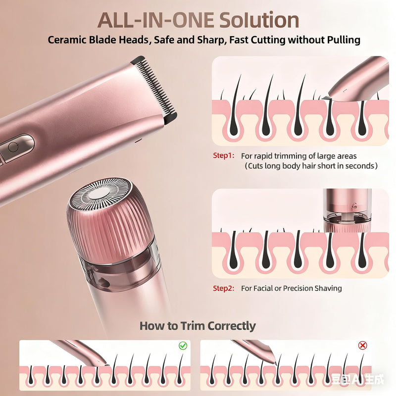 [Australia] - 2 in 1 Women Electric Shaver, Bikini Trimmer for Women Dual Head Wet & Dry Use IPX7 Waterproof, Body Hair Trimmer and Facial Hair Remover for Bikini Underarm Leg Arm Body Face (Rose Gold) Rose Gold 