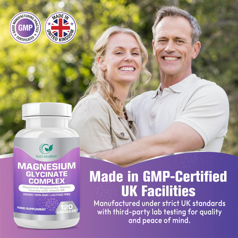 Magnesium Glycinate Complex -120 Capsules -Magnesium Glycinate Bisglycinate, Malate, Taurate with Vitamin B6, Non-GMO, Lactose Free, Muscle, Energy & Sleep Support | Vegan, Non GMO | 40 Days Supply