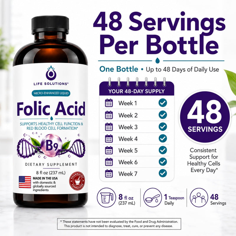 Life Solutions Liquid Vitamin B9 Folic Acid 800mcg Berry - 8oz | 800 mcg Liquid Vitamin B9 (Folic Acid) Berry Flavor – Fast absorption for prenatal, heart & brain support
