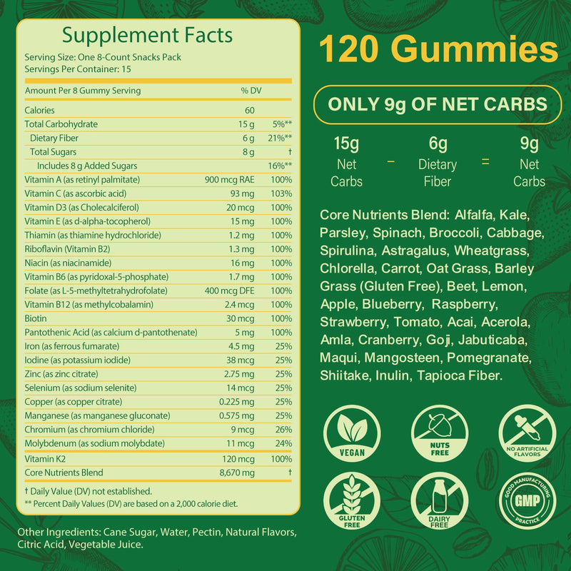 [Australia] - Greens Daily Gummies, Superfood Fruits and Veggies Blend with Spirulina, Chlorella, Prebiotics & Fiber, Adaptogens Multivitamin Supplement for Digestive Health, Non-GMO, 120 Count 120 Count (Pack of 1) 