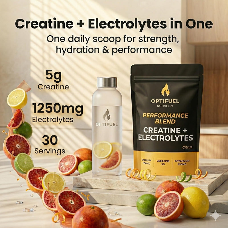 Optifuel Creatine Monohydrate + Electrolytes Powder 300g | 5g Creatine + 1250mg Electrolytes per Serving | Citrus Flavour | Hydration, Strength, Recovery & Muscle Performance | 30 Servings