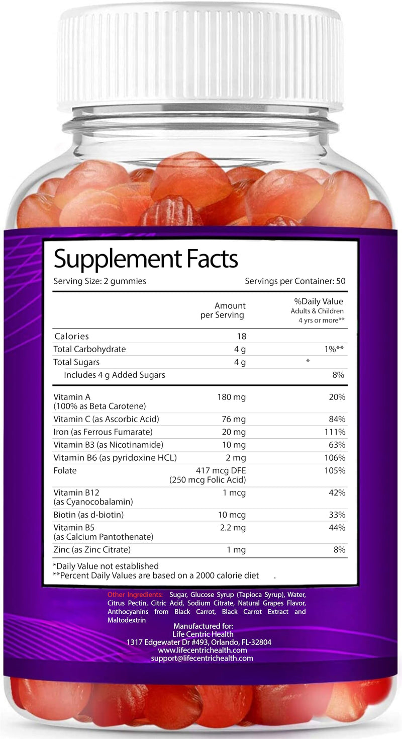 [Australia] - LifeCentricHealth Iron Gummies for Adults & Kids | Biotin Zinc Vitamin B Folic Acid Gummies | Vegan Gluten Free Blood Builder Anemia Supplements | Tasty Energy Boosting Iron Supplement for Women & Men 