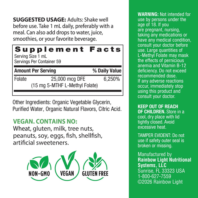 Rainbow Light L Methyl Folate 15 mg | 2 fl oz | with Organic Glycerin | Berry Flavor | USDA Organic | Liquid Supplement