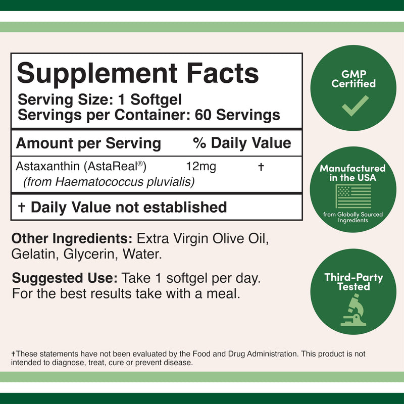 [Australia] - Astaxanthin 12mg Max Strength (AstaReal: Natural Patented Astaxanthin with 70+ Human Clinical Trials - World's Most Studied Brand) Grown, Harvested, and Made in The USA (Astaxantina) by Double Wood 