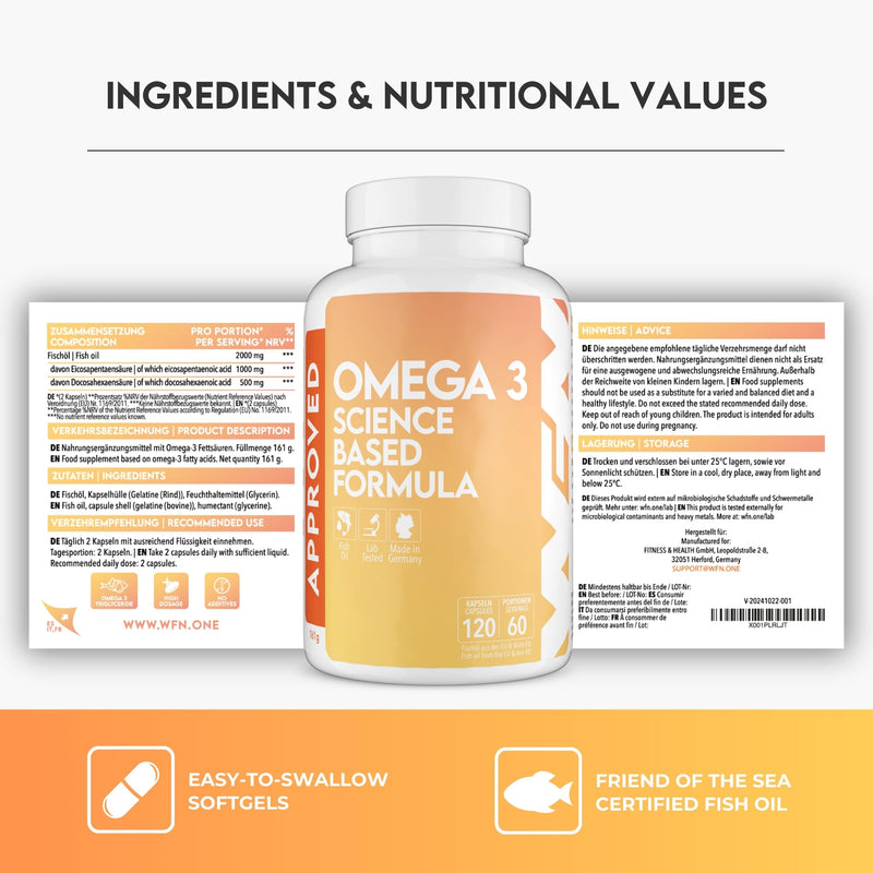 WFN Approved Omega 3 Capsules High Dose - 2000mg Fish Oil - Omega 3 Triglycerides - 1500mg EPA & DHA - Produced & Laboratory Tested in Germany 120 count (Pack of 1)