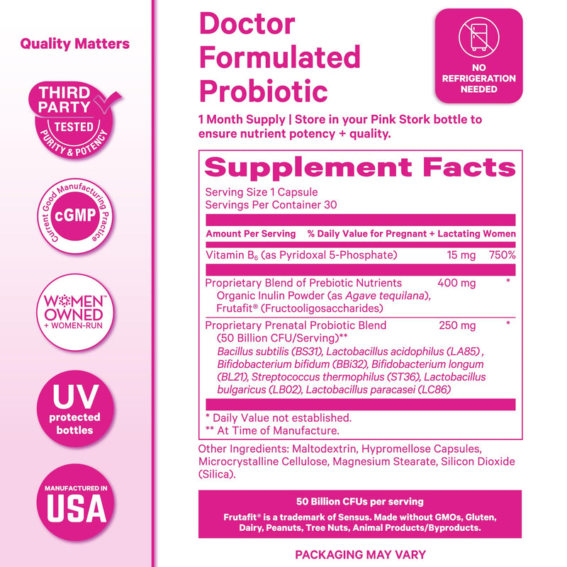 Pink Stork Prenatal Probiotics for Women - 60 Capsules | Vitamin B6, Prebiotics, Morning Sickness Support, Gut Microbiome & Immune Support Unflavored 30 Count (Pack of 2)