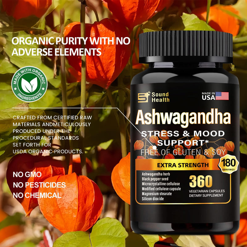 [Australia] - SoundHealth Organic Ashwagandha Capsules Supplement - 7000mg Herb Powder Equivalent per Serving - Immune Support, Hormone Balance - Enhanced Nutrient Absorption - 360 Capsules (180 Servings) 1 Count (Pack of 360) 