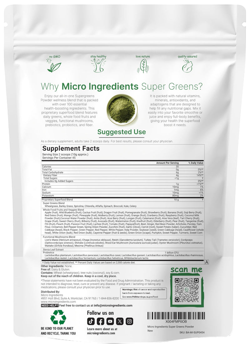 [Australia] - Micro Ingredients Super Greens Powder, 1lb | 100 Superfood Blend with Daily Greens, Fruits, Vegetables, Mushrooms & Probiotics | Source of Vegan Protein & Enzymes | Non-GMO, Gluten-Free, No Additives 