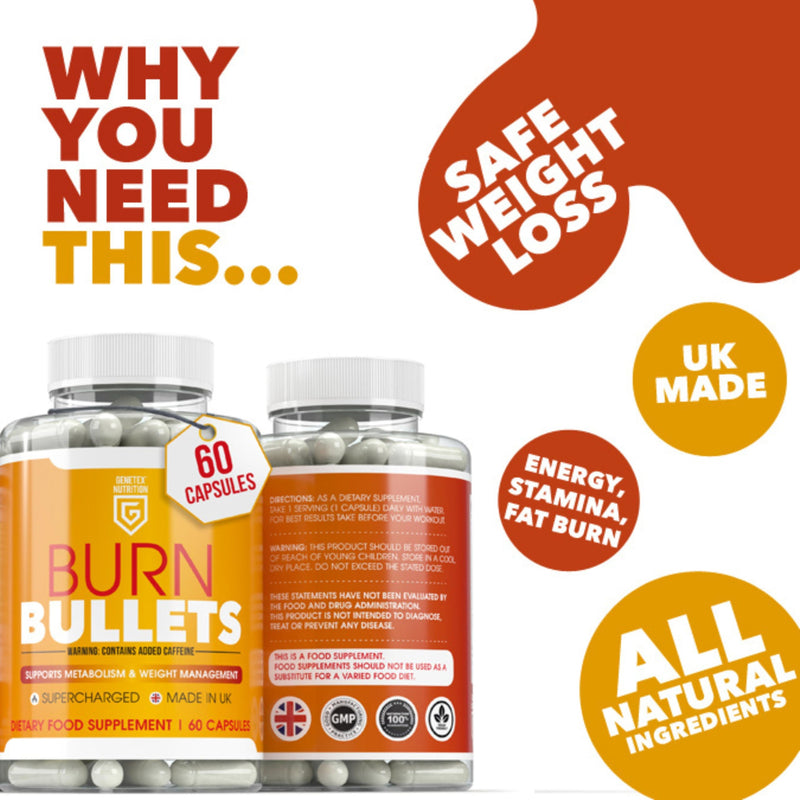 Burn Bullets Capsules for Metabolism & Weight Management Support | 60 Vegan Capsules | Supercharged Energy Boost, Natural Extreme Fat Burner, Caffeine Powered | UK Made | Plant-Based Supplement
