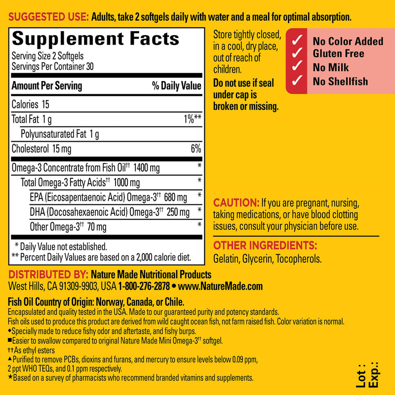 [Australia] - Nature Made Extra Strength Burp Less Omega 3 Fish Oil 1400 mg Minis, Fish Oil Supplements as Ethyl Esters for Healthy Heart, Brain and Eyes Support, Omega 3 Supplement, 60 Softgels, 30 Day Supply Lemon 60 Count (Pack of 1) 