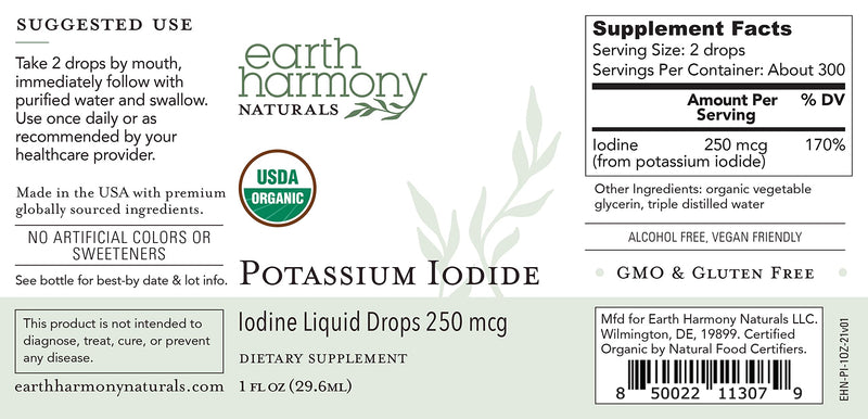 [Australia] - USDA Organic Potassium Iodide 250 mcg Liquid Supplement (6 Month Supply) - Supports The Thyroid Gland and Helps Exposure & Low Levels of Iodine - More Bioavailable Than Iodine Tablets, Pills - 1 Fl Oz Unflavored 1 Fl Oz (Pack of 1) 