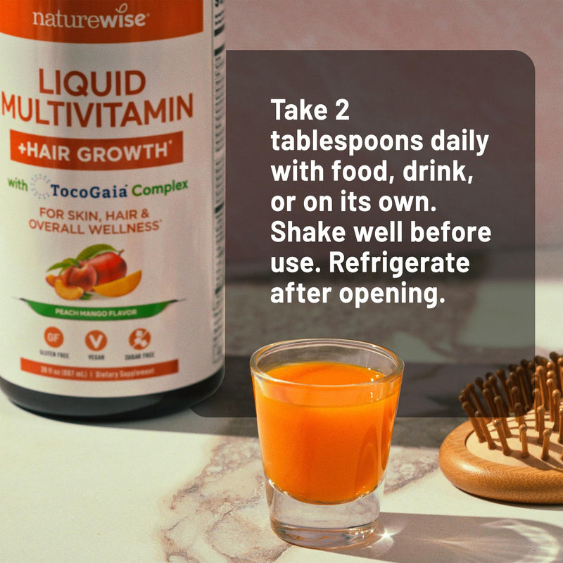 NatureWise Liquid Multivitamin Hair Growth for Women & Men + Tocogaia® for Hair Growth & Skin Elasticity Support + Biotin, Vitamin D, E, B - Sugar Free Multivitamin, Vegan - 30 fl oz[30 Servings] Peach Mango 30 Fl Oz (Pack of 1)
