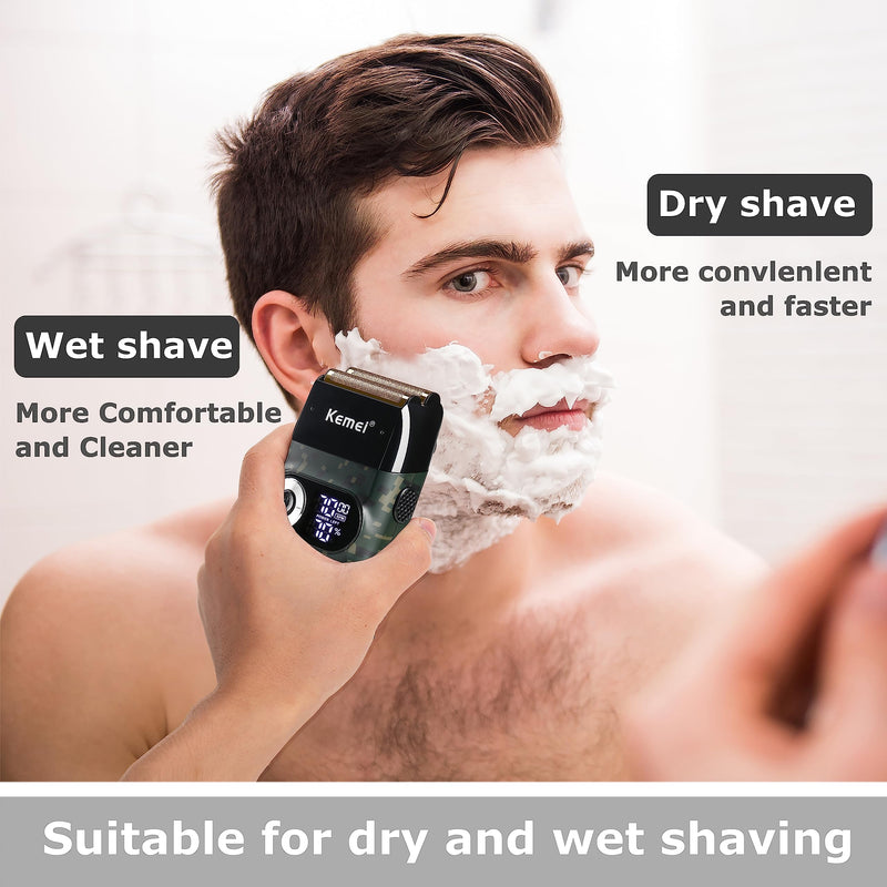Kemei Foil Professional Electric Shaver for Men Razor with Bald Trimmer Cordless Shavers Rechargeble LED Display 2 in 1 Camouflage