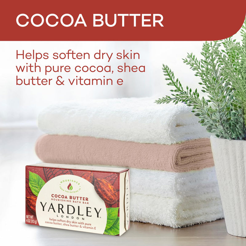 Yardley London Nourishing Bath Soap Bar Cocoa Butter, Helps Soften Dry Skin with Pure Cocoa Butter, Shea Butter & Vitamin E, 4.0 oz Bath Bar, 1 Soap Bar 1 Count (Pack of 1)