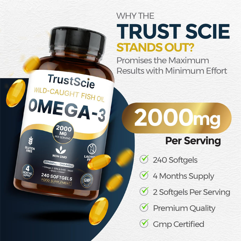 Omega 3 Fish Oil 2000mg – High Strength with 660mg EPA & 440mg DHA – 240 Softgel Capsules (4 Month Supply) – Omega 3 Fatty Acids Supplement – Gluten-Free & Lactose-Free