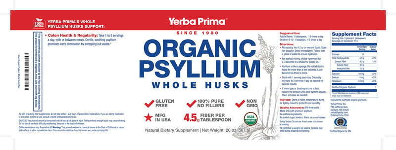 [Australia] - Yerba Prima Organic Psyllium Whole Husks Colon Cleanser - 20 oz - Natural Daily Dietary Fiber Supplement 20oz, Colon Cleanser, Regularity & Detox Cleansing Support, Gluten Free, Non GMO, Vegan 