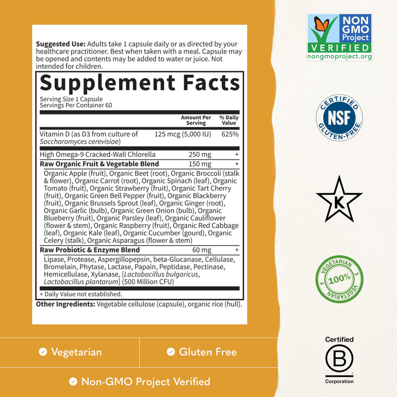 Garden of Life Vitamin D3 5000 IU, Raw Whole Food Supplements with Chlorella, Fruit, Veggies & Probiotics for Bone & Immune Health, 60 Vegetarian Capsules Unflavored 60 Count (Pack of 1)