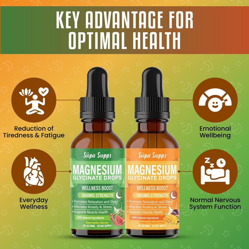 Magnesium Glycinate 120ml- Watermelon + Mango & Passion Fruit Flavour | Supa Supps Magnesium Glycinate 3-in-1 Complex | Fast Absorption, Premium Pure Formula, Easy-to-Take Supplement for Daily Balance 60 ml (Pack of 2)