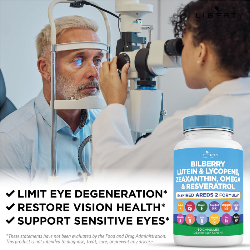 Liberty Lifestyle Eye Health Vitamins with Bilberry, Lutein & Zeaxanthin, Lycopene, Resveratrol, Grape Seed Extract, Flaxseed Astaxanthin- AREDS 2-120 Capsules 60 Count (Pack of 2)