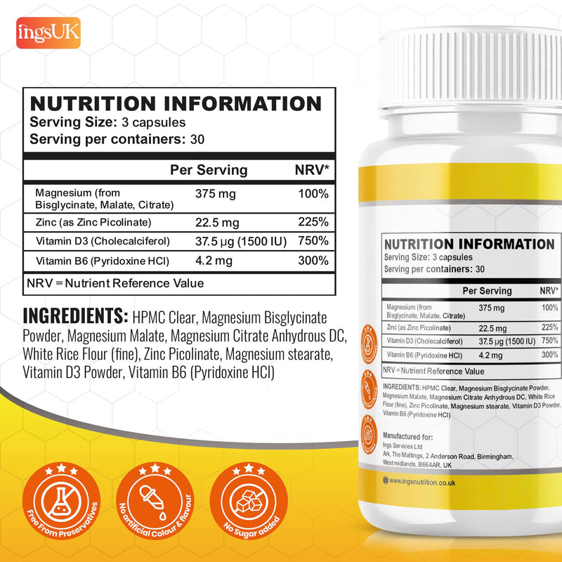 Magnesium Complex Plus | Bisglycinate-Glycinate, Malate, Citrate, High Strength Capsules with Zinc Picolinate, Vitamin D3, B6 Pyridoxine | 90 Capsules, 375mg Elemental Magnesium Supplements | IngsUK