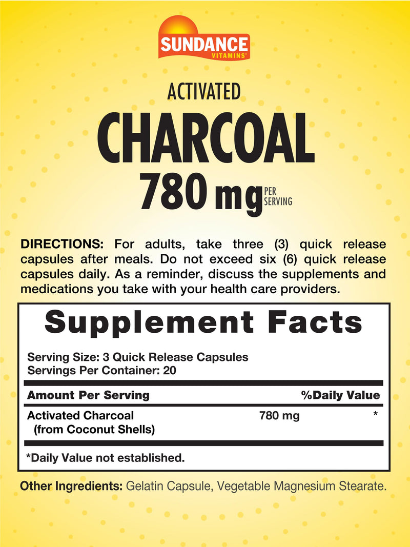 [Australia] - Sundance Activated Charcoal 780mg | 60 Quick Release Capsules | Traditional Absorbent Supplement | Non-GMO and Gluten Free Supplement 
