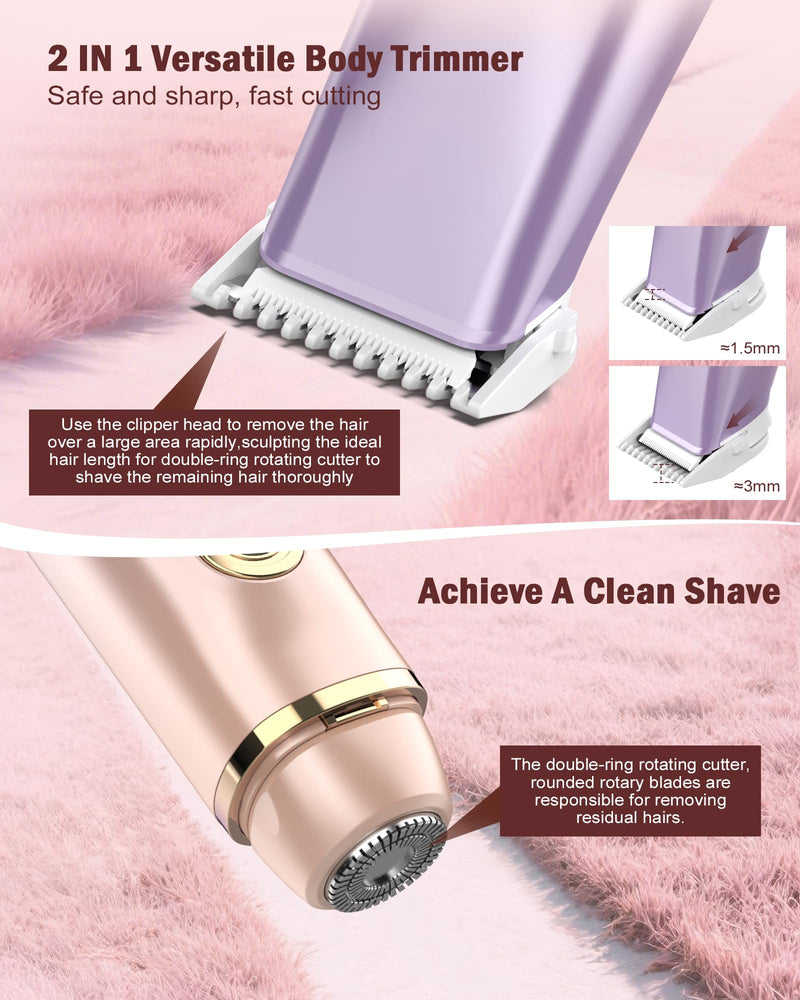 [Australia] - Bikini Trimmer for Women - 2 in 1 Dual Head Bikini Shaver, Painless Electric Razors for Silk Skin, Ceramic Blade, Waterproof Wet & Dry Use Body Hair Removal for Trip（Purple） Purple-rose Gold 