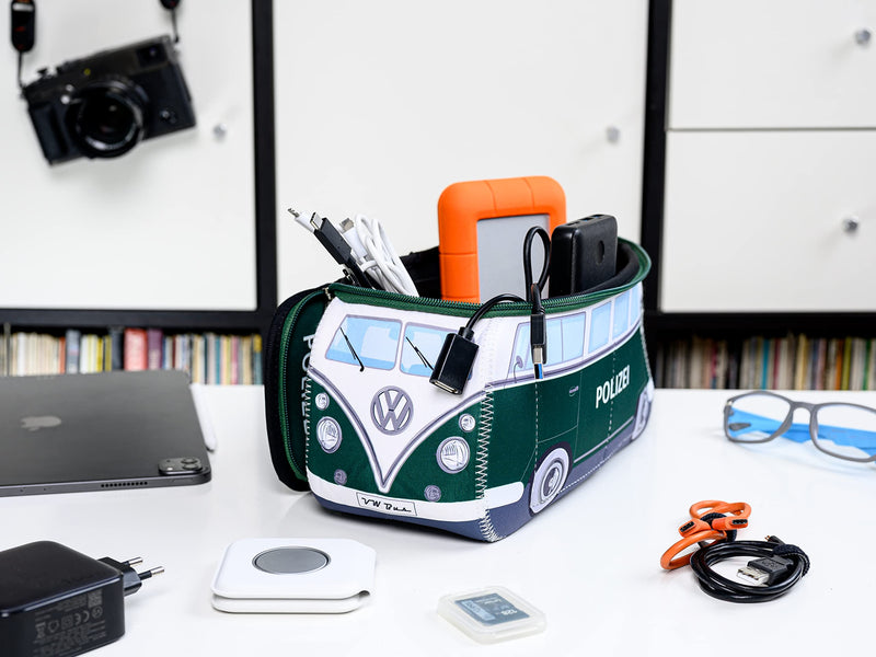 BRISA VW Collection - T1 Bus Camper Toiletry Bag Cosmetic Case | Volkswagen Toiletry Bag Cosmetic Case, Water-Repellent, Hanging Hook, 4 Mesh Pockets, Travel, Neoprene, Police/Green Large Large (11.8 X 5.5 X 4.7 Inches)