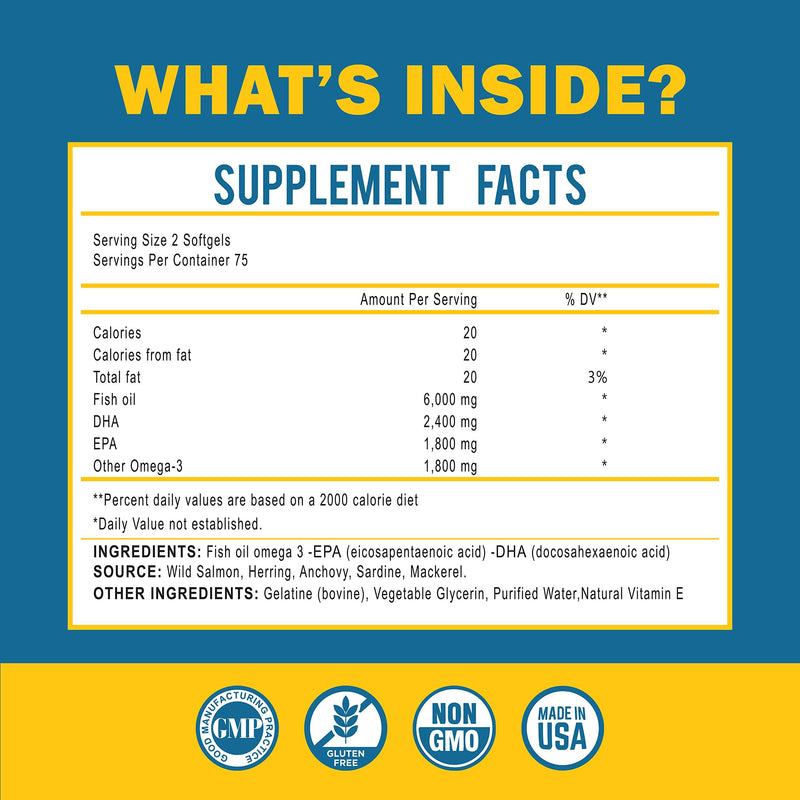 [Australia] - Omega 3 Fish Oil 6000 Mg with Maximum EPA DHA - Supports Brain, Liver, Heart & Immunity - Made in The USA - 150 Softgels 