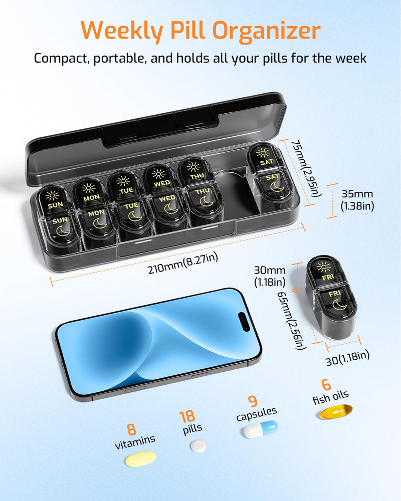 Daviky Weekly Pill Organizer 2 Times a Day, AM PM Pill Box 7 Day | Portable Travel Design, Easy-Open Compartments, Large Capacity, Compact, Reusable for Pills, Vitamins & Supplements Black