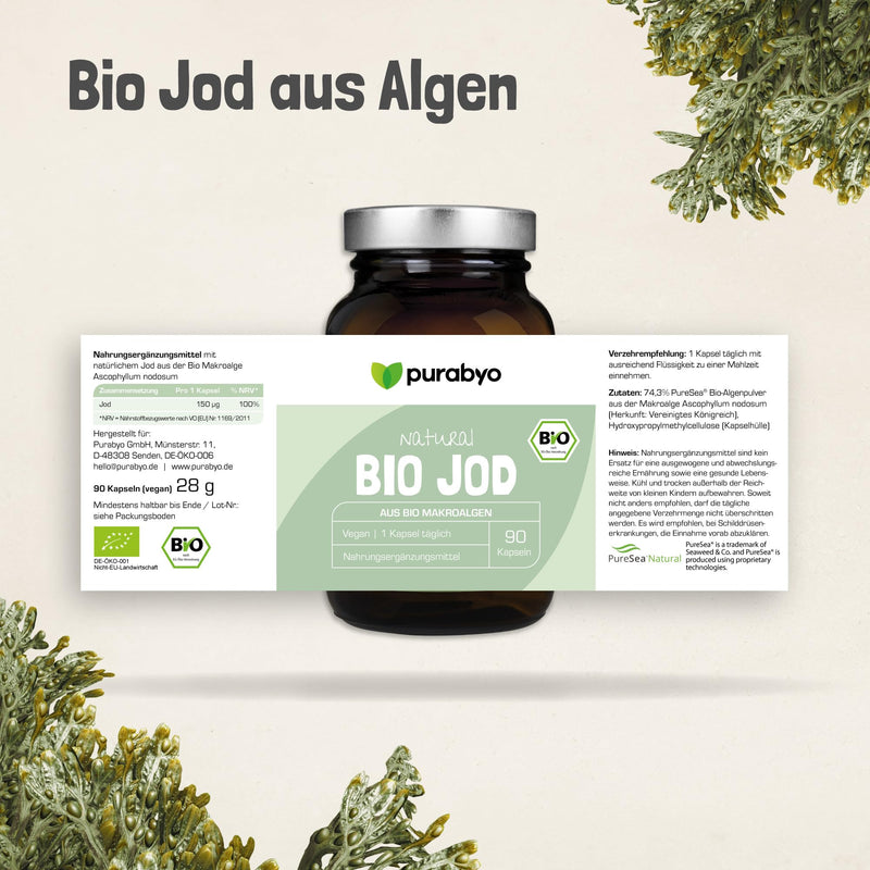 [Australia] - Organic iodine capsules | Natural iodine from seaweed from the Northern Hebrides | Organic Kelp vegan | in the glass | 150 μg organic iodine per capsule | Just 1 vegan capsule daily 
