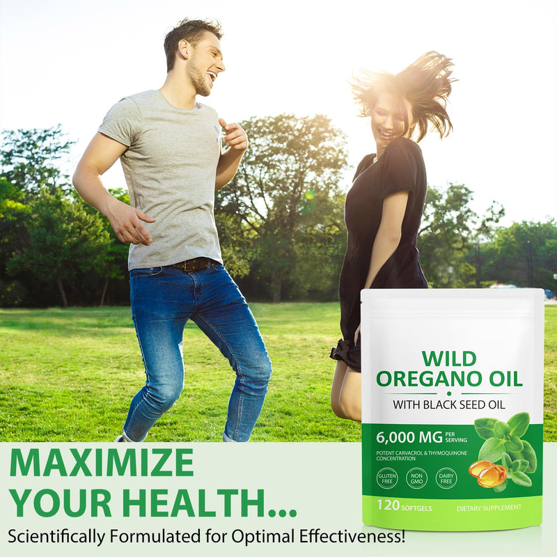 Oregano Oil 120 Softgels - 6000mg 2-in-1 Strength with 300mg Organic Cold-Pressed Oregano & 200mg Black Seed Oil | Non-GMO, Gluten Free Herbal Supplement | Respiratory & Immune Support Oregano Oil 120 count (Pack of 1)