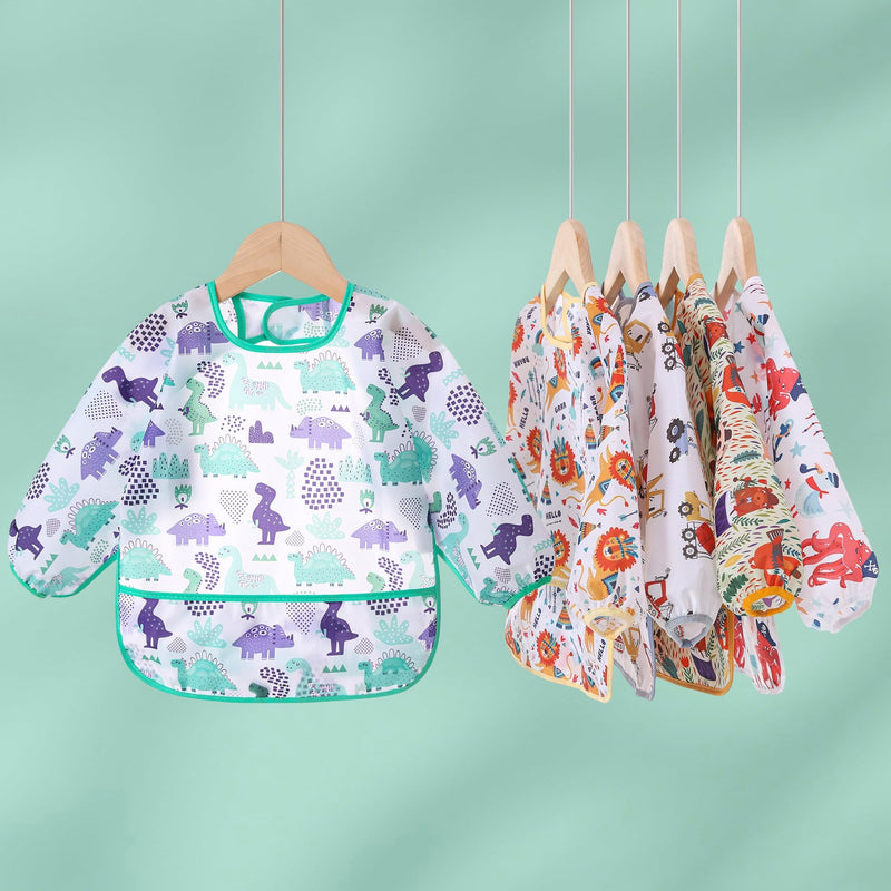 [Australia] - Sleeved Bib,5 Pack,Waterproof Shirt Bibs for Baby 3-24 Months Wipe Clean Dino/Lion/Trucks/Pirate/Forest 