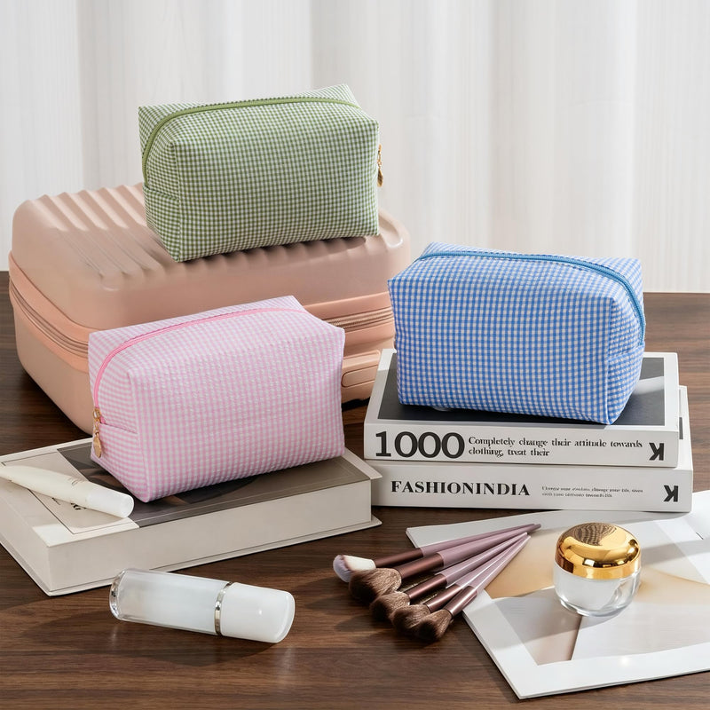 Makeup Bag Set for Women, 6PCS Travel Cosmetic Bags Pencil Case, Checkered Seersucker Toiletry Organizer Pouches, Cute Makeup Pouch for Purse, Accessories and Gifts, Blue Gingham 6