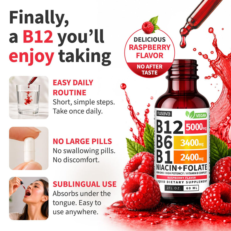 NUSAVA B12 Liquid Drops 5000mcg, Raspberry, Pack of 2 | Energy, Brain and Heart Support, Methylcobalamin B12 with B6, B1, Niacin and Folate, Sublingual Drops for Women and Men 2 Fl Oz (Pack of 2)