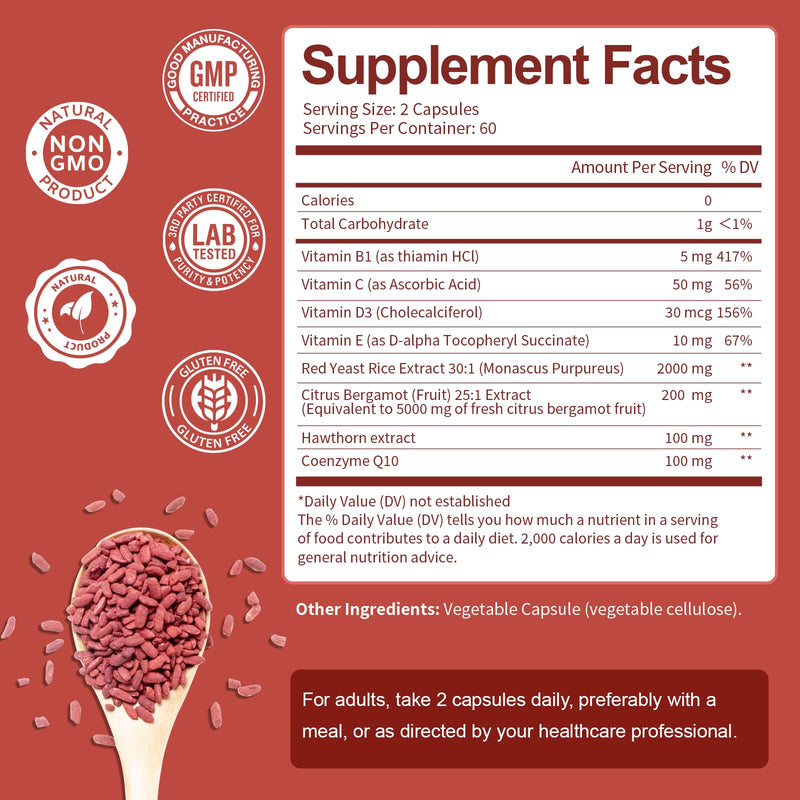[Australia] - Red Yeast Rice 2,000mg with CoQ10 Supplement - Citrinin Free Extract Red Yeast Rice Capsules with CoQ10 100 Plus Citrus Bergamot - Cholesterol Lowering Supplements 3rd-Party Tested Vegan Non-GMO 120 Count (Pack of 1) 