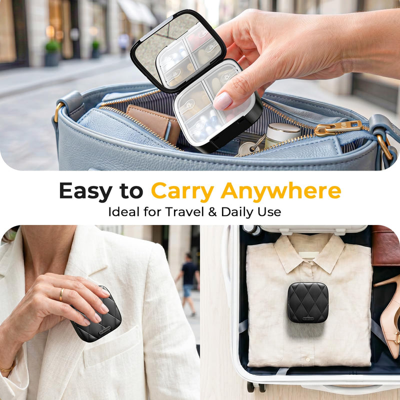 Daviky Compact Pill Organizer with Built-in Mirror, Purse Travel Pill Box | Easy Open, Compact Design, Purse-Friendly, Portable Travel, One-Hand Operation, Daily Vitamins & Supplements Black