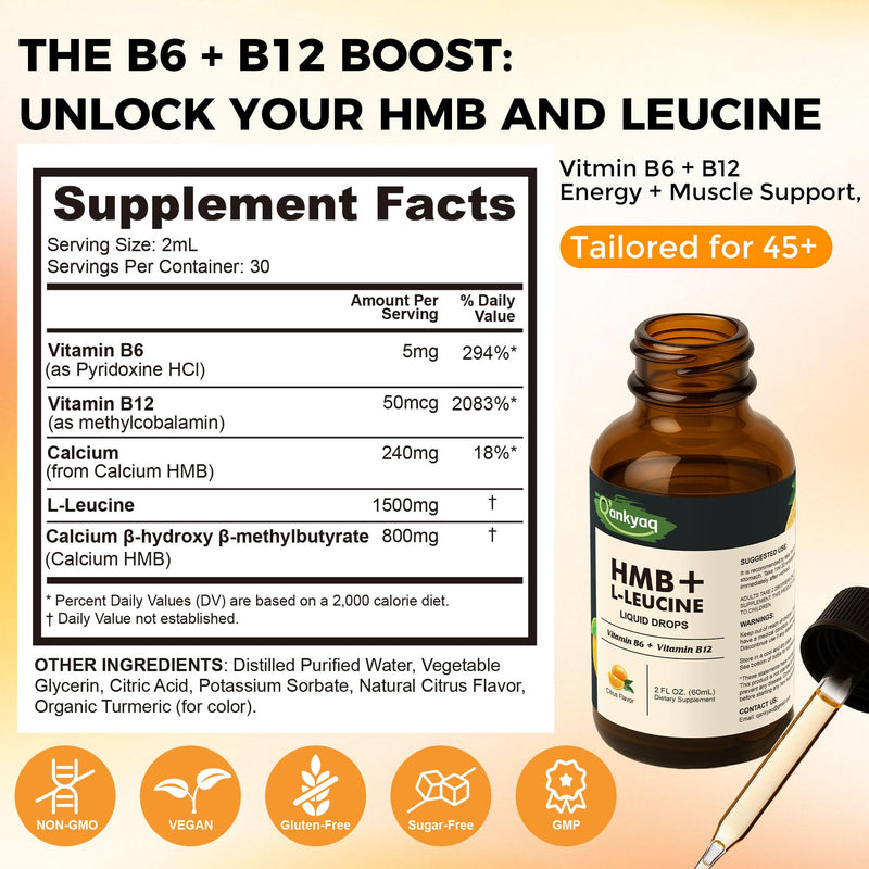 HMB Leucine Liquid Supplements, Drops for Muscle, Easy to Take, for Seniors | Maintain Active & Independent Lifestyle, Ideal for Adults 45+ & Seniors, No Pills & Easy to Take, Simple Daily Routine