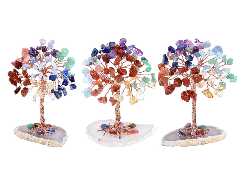 Jovivi Bundle - 2 Items Double Heart Tree of Life Hanging Ornament 7 Chakra Reiki Healing Crystals + 7 Chakra Healing Crystals Tree on Agate Slice Base