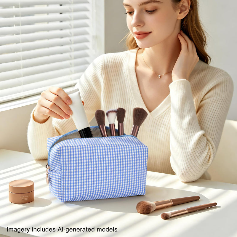 Makeup Bag Set for Women, 6PCS Travel Cosmetic Bags Pencil Case, Checkered Seersucker Toiletry Organizer Pouches, Cute Makeup Pouch for Purse, Accessories and Gifts, Blue Gingham 6