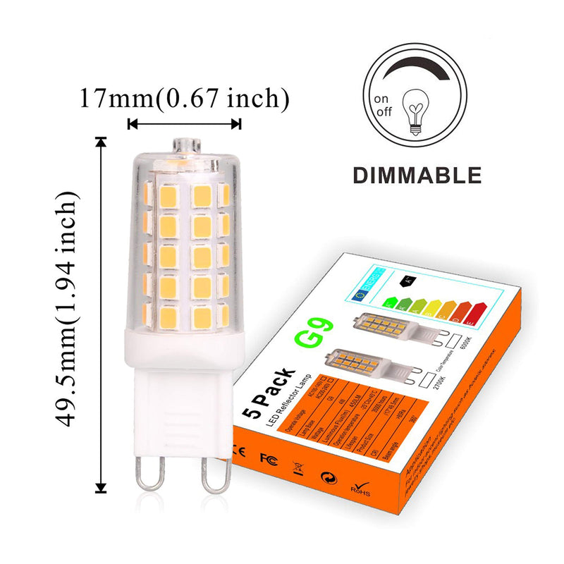 [Australia] - BAOMING G9 LED Bulb Dimmable 4W, 40 Watt T4 G9 Halogen Equivalent, 2700K Soft Warm White, 120V No-Flicker, Chandelier Lighting 450LM (5 Pack) 