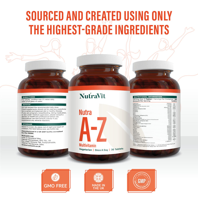 Nutra A-Z| Vegetarian Multivitamins & Minerals - 30 Tablets| 27 Nutrients Including probiotics| Men & Woman Multivitamins - by NutraVit