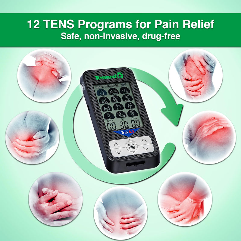 TESMED Trio 6.5 TENS Unit & EMS Muscle Stimulator, USB Rechargeable | 36 programs, 40 intensity levels and 4 electrodes for fitness, massage, pain relief and therapy.