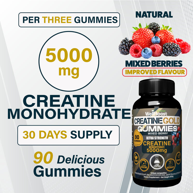 WellBoost Creatine Gold – 5000mg Creatine Monohydrate Gummies, Vegan, Sugar-Free for Lean Muscle Growth, Endurance, Recovery & Energy (90 Gummies, 1 Month Supply) with Mixed Berry Flavour G-Creatine Gold -BlueBerry 90 count (Pack of 1)